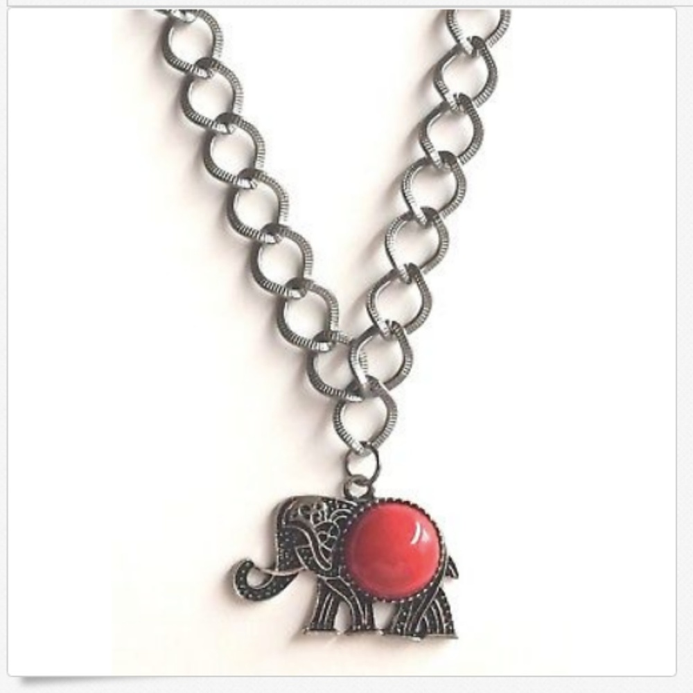 Silver Elephant Necklace Red Coral 21-23" PlusSize